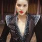 Black Velvet Evening Gown with Beaded Detailing and Structured Shoulders
