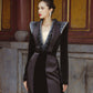 Black Velvet Evening Gown with Beaded Detailing and Structured Shoulders