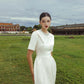 White Textured Midi Dress with Pearl Embellished Collar