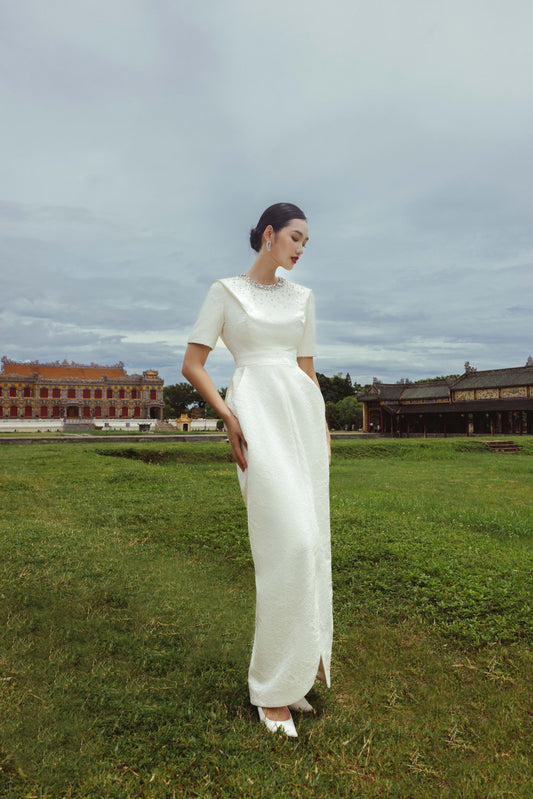 White Textured Midi Dress with Pearl Embellished Collar