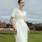 White Textured Midi Dress with Pearl Embellished Collar