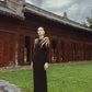 Black Long Sleeve Evening Gown with Gold Embellished Shoulders