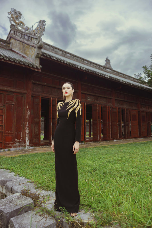 Black Long Sleeve Evening Gown with Gold Embellished Shoulders