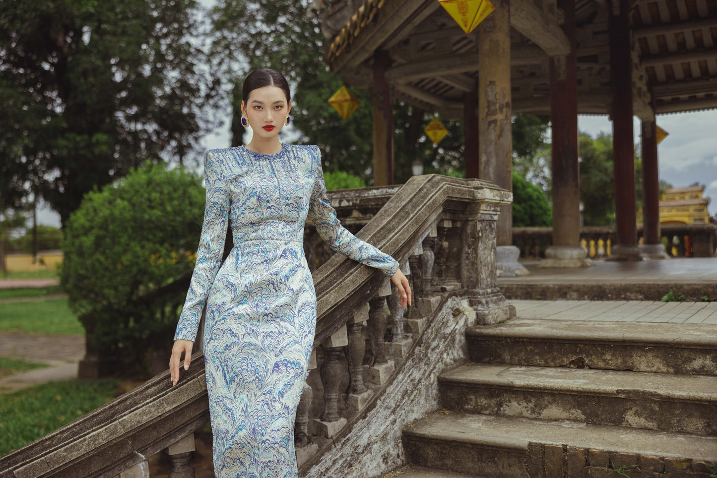 Royal-Inspired Long Sleeve Jacquard Gown