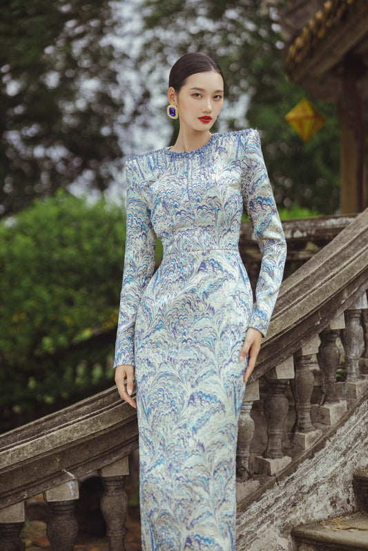 Royal-Inspired Long Sleeve Jacquard Gown