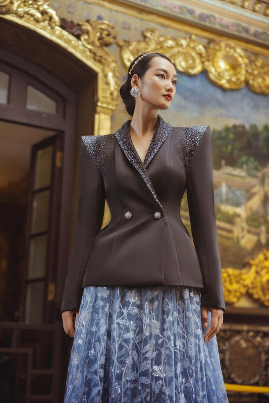 Embellished Black Blazer with Ombre Lace Skirt