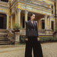 Black Embellished Blazer with Velvet Wide-Leg Pants