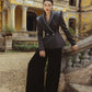 Black Embellished Blazer with Velvet Wide-Leg Pants