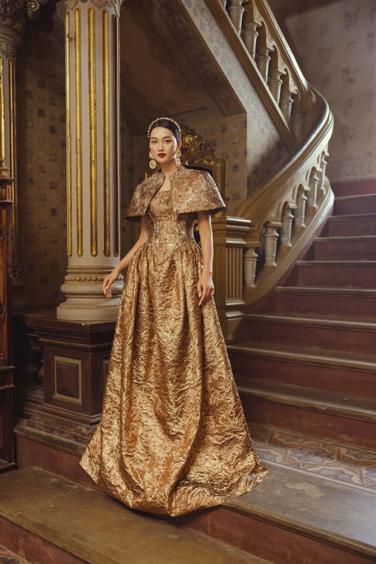 Golden Brocade Ball Gown with Cape