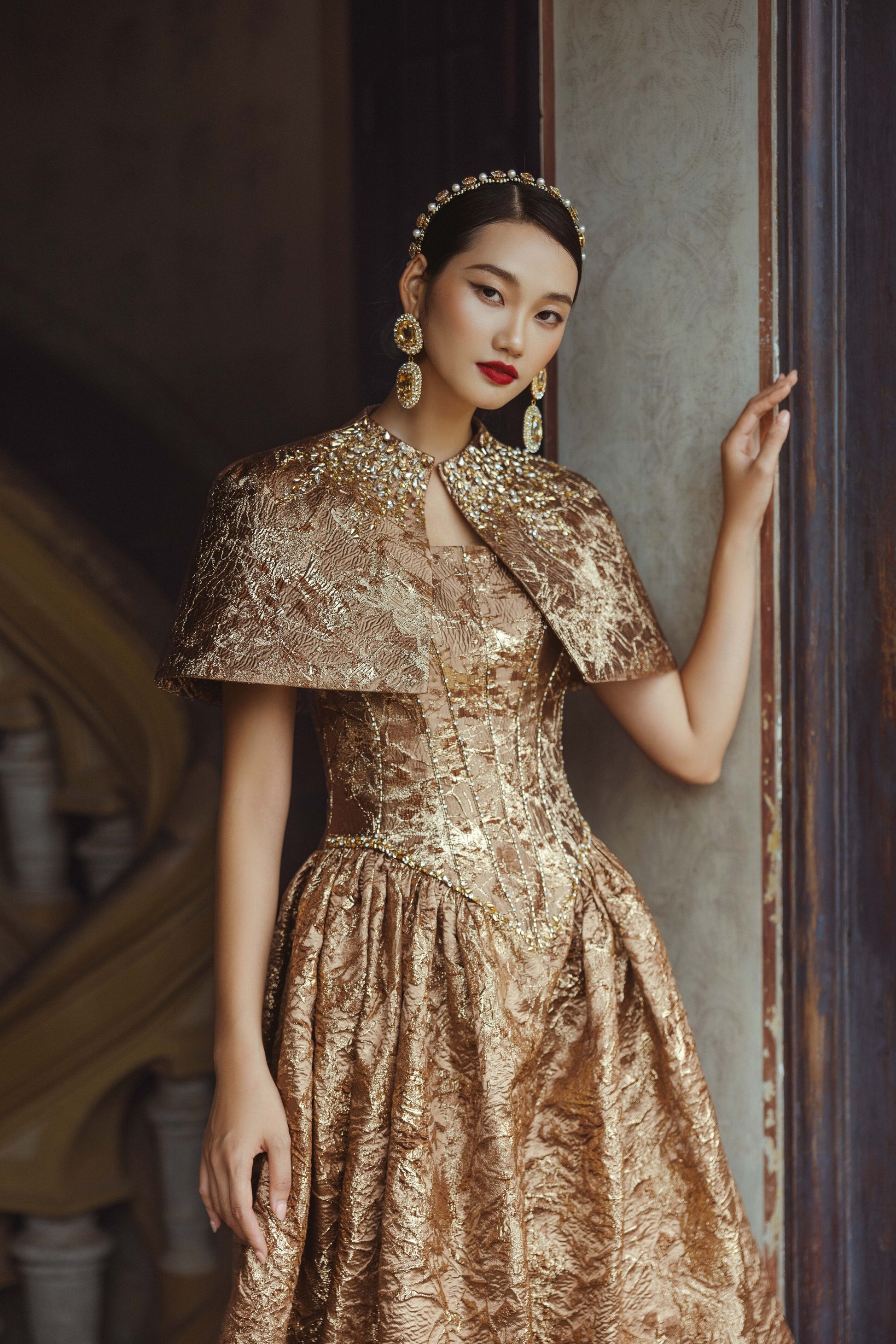 Golden Brocade Ball Gown with Cape My Store Golden Brocade Ball Gown with Cape My Store