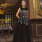 Black Velvet Embroidered Evening Gown with Floral Detailing