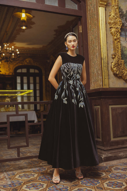Black Velvet Embroidered Evening Gown with Floral Detailing