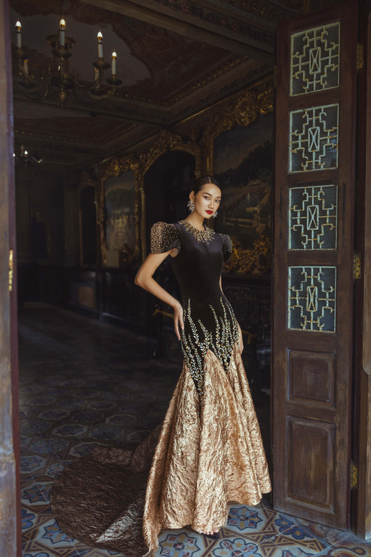 Black and Gold Velvet Gown with Embellished Sleeves and Dramatic Train