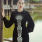 Black Velvet Long-Sleeve Gown with Intricate Silver Mandala Embroidery