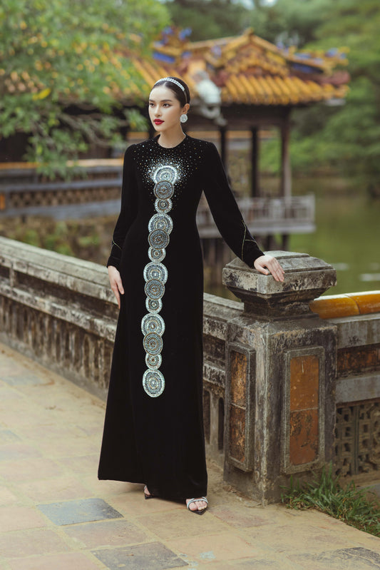 Black Velvet Long-Sleeve Gown with Intricate Silver Mandala Embroidery