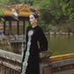 Black Velvet Long-Sleeve Gown with Intricate Silver Mandala Embroidery