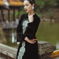 Black Velvet Long-Sleeve Gown with Intricate Silver Mandala Embroidery