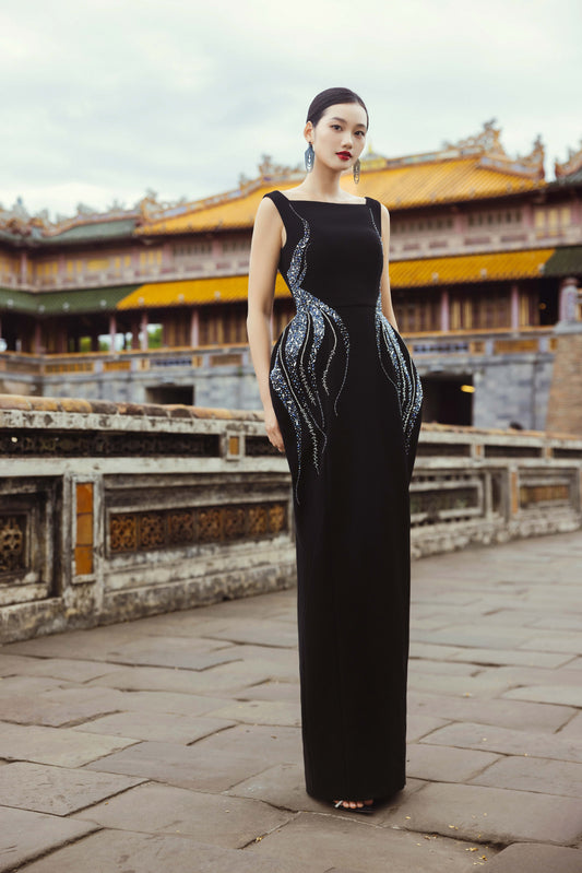 Black Evening Gown with Intricate Silver Embroidery