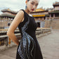 Black Evening Gown with Intricate Silver Embroidery