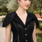Black A-Line Button-Up Midi Dress with Cape Sleeves