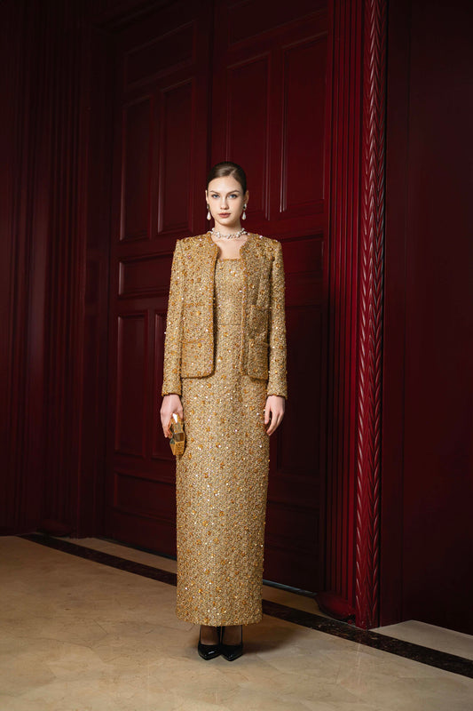 Gold Embellished Evening Gown & Jacket Set