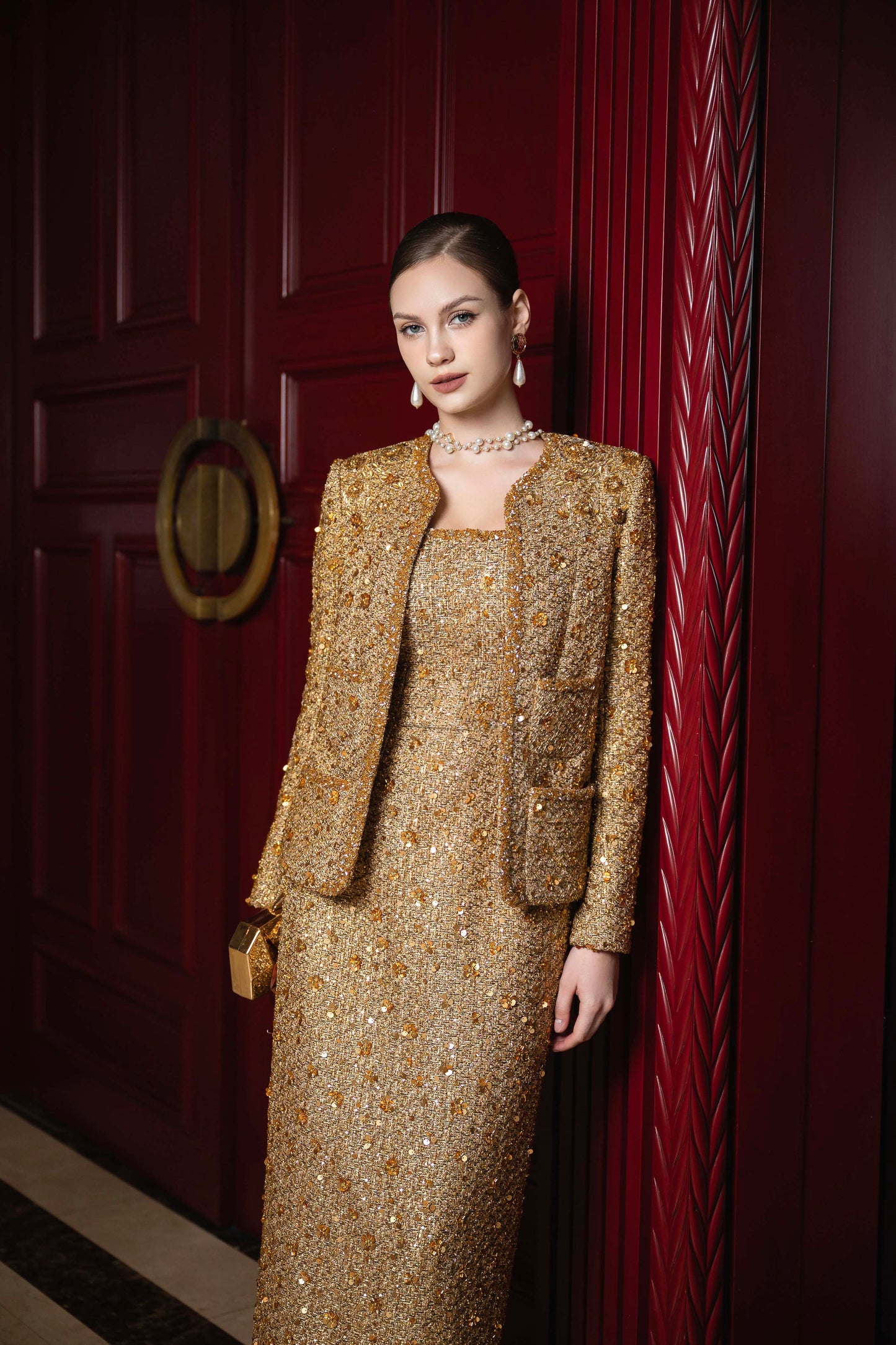 Gold Embellished Evening Gown & Jacket Set