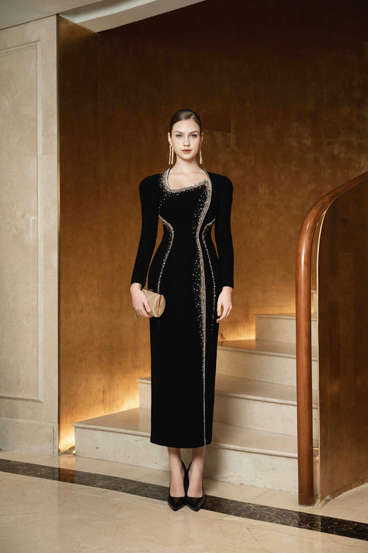 Black Long-Sleeve Embellished Evening Gown