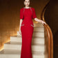 Red Cape-Sleeve Embellished Evening Gown