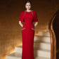 Red Cape-Sleeve Embellished Evening Gown