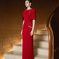 Red Cape-Sleeve Embellished Evening Gown