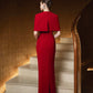 Red Cape-Sleeve Embellished Evening Gown
