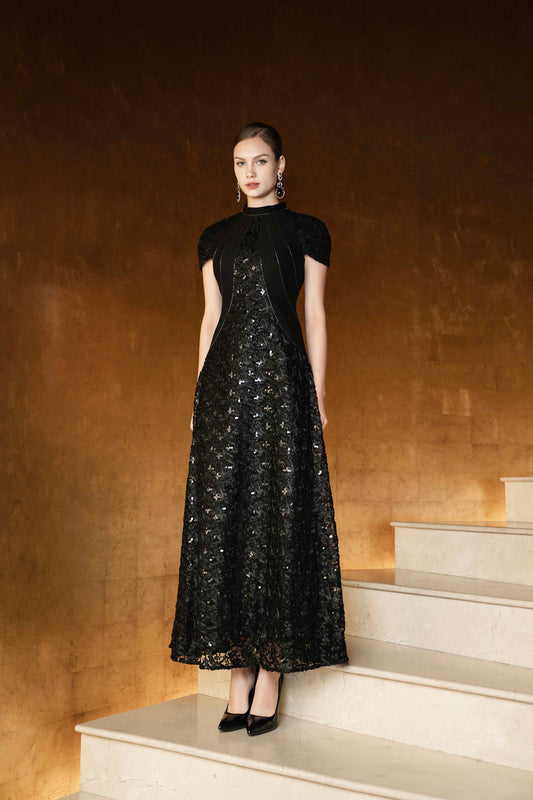 Black Sequin Gown with Capelet