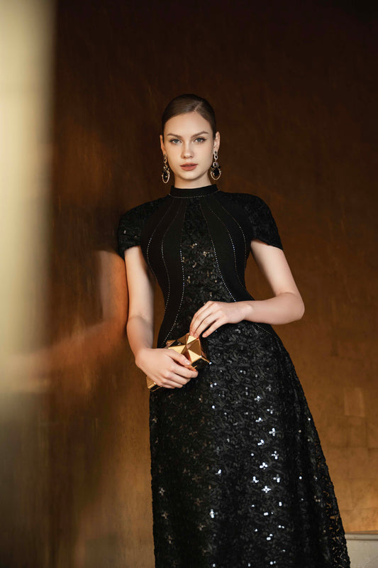 Black Sequin Gown with Capelet