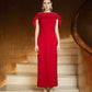Red Midi Dress with Embellished Cape