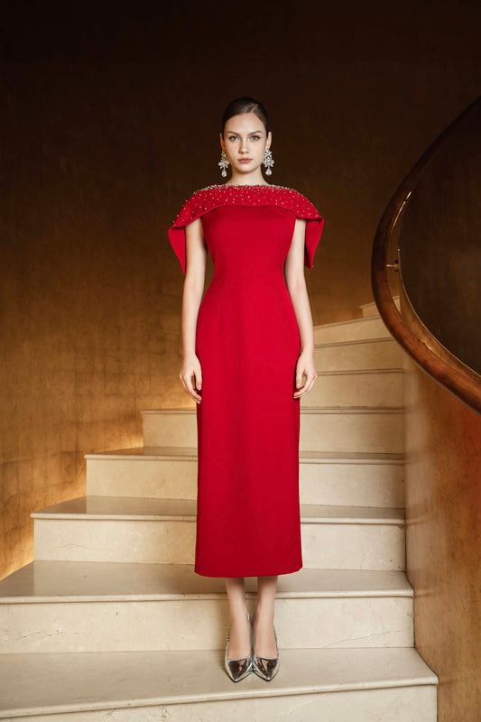 Red Midi Dress with Embellished Cape