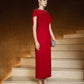 Red Midi Dress with Embellished Cape