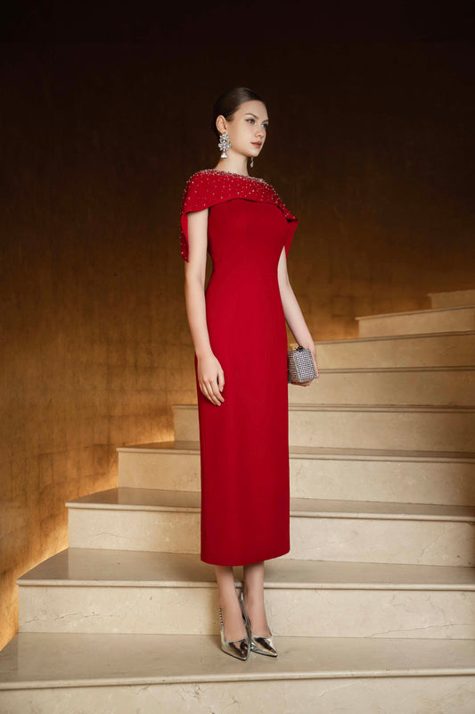 Red Midi Dress with Embellished Cape