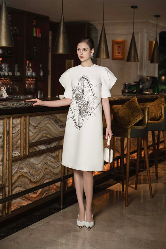 White Queen of Hearts Embroidered Midi Dress