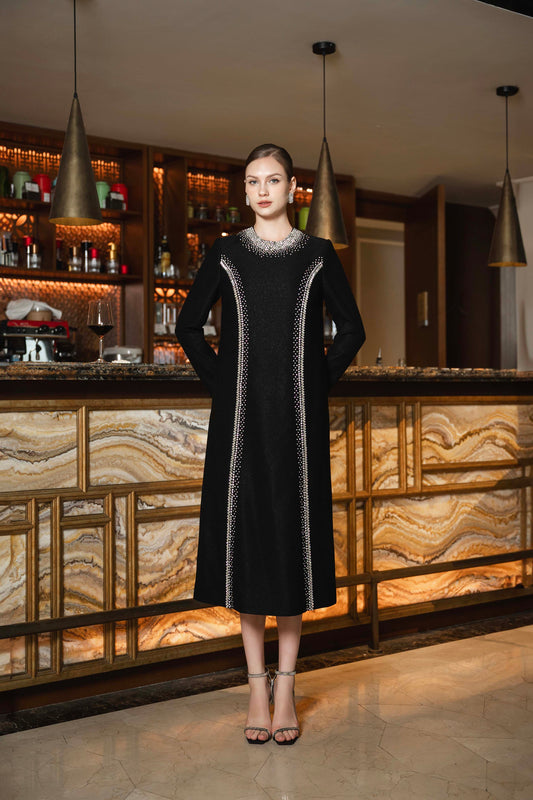 Black Luxe Pearl-Embellished Long Sleeve Evening Dress