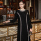 Black Luxe Pearl-Embellished Long Sleeve Evening Dress