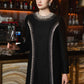 Black Luxe Pearl-Embellished Long Sleeve Evening Dress