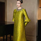 Golden Brocade A-Line Dress with Embellished Neckline