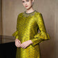 Golden Brocade A-Line Dress with Embellished Neckline