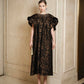Black and Gold Brocade A-Line Dress with Ruffled Sleeves