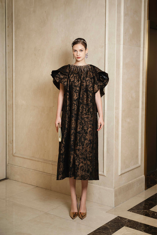 Black and Gold Brocade A-Line Dress with Ruffled Sleeves