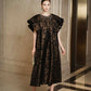 Black and Gold Brocade A-Line Dress with Ruffled Sleeves