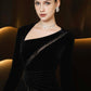 Black Velvet and Ruffled Chiffon Evening Gown