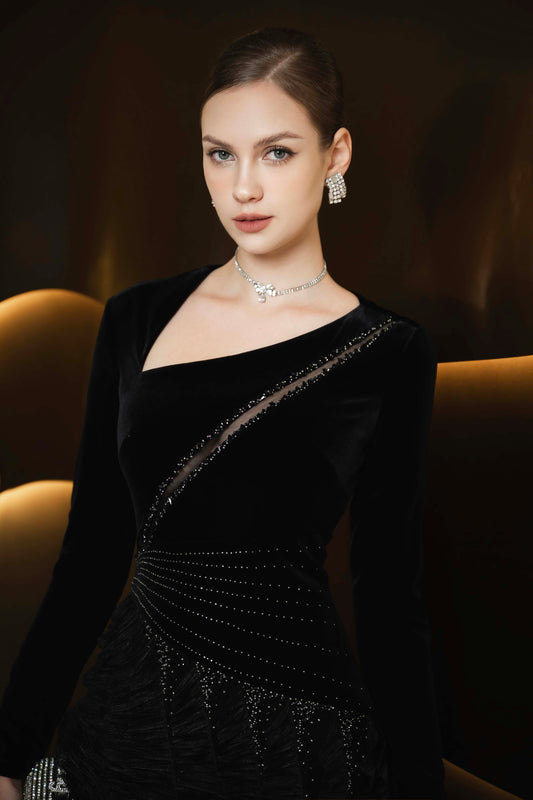Black Velvet and Ruffled Chiffon Evening Gown