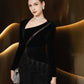 Black Velvet and Ruffled Chiffon Evening Gown