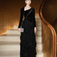 Black Velvet and Ruffled Chiffon Evening Gown